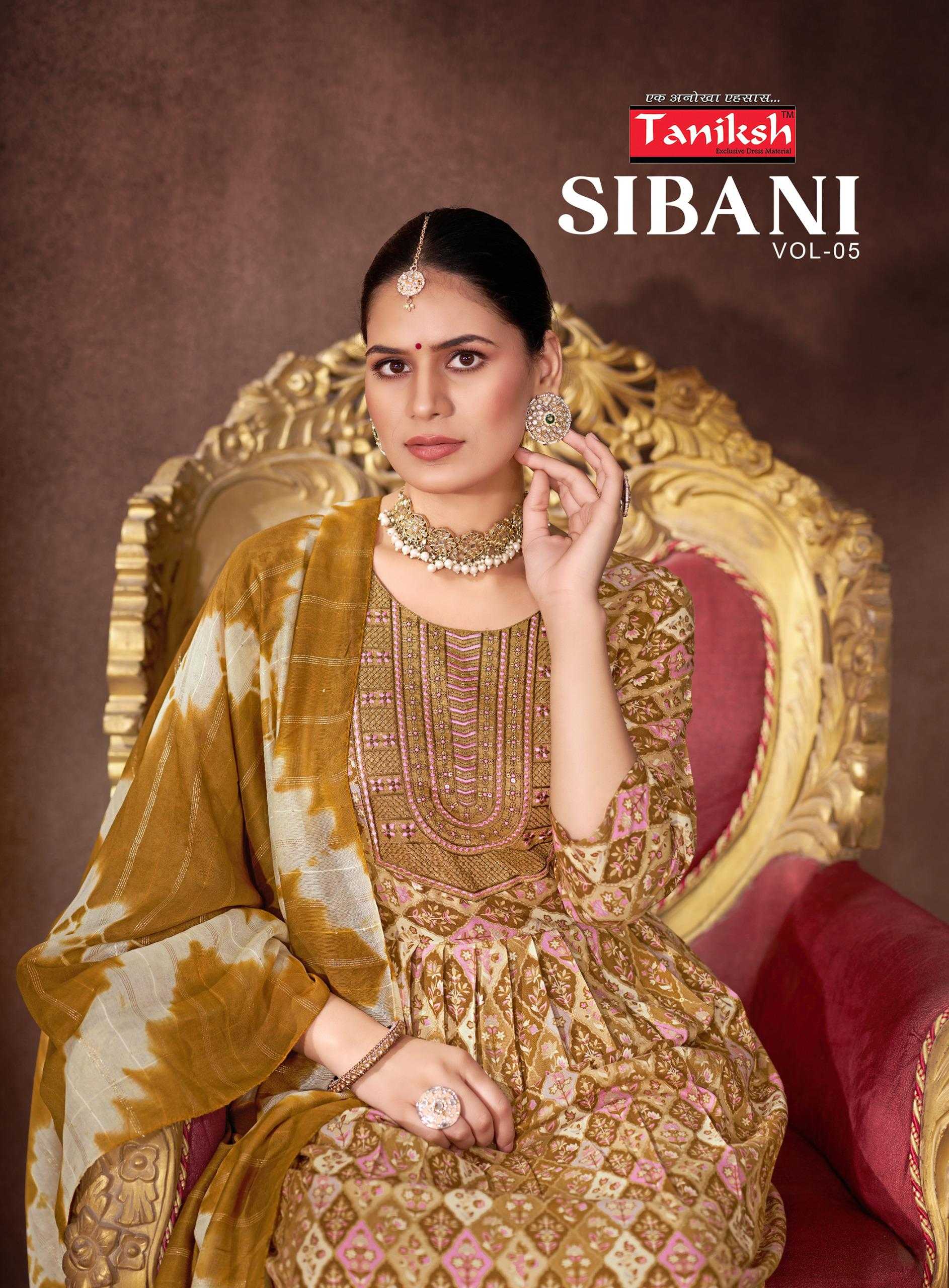 sibani vol 5 taniksh fully stitch attractive look rayon print embroidered 3pcs dress