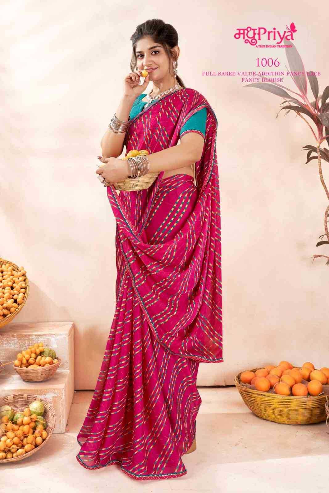 madhupriya tanvi chiffon lehriya print addition fancy saree wholesaler 