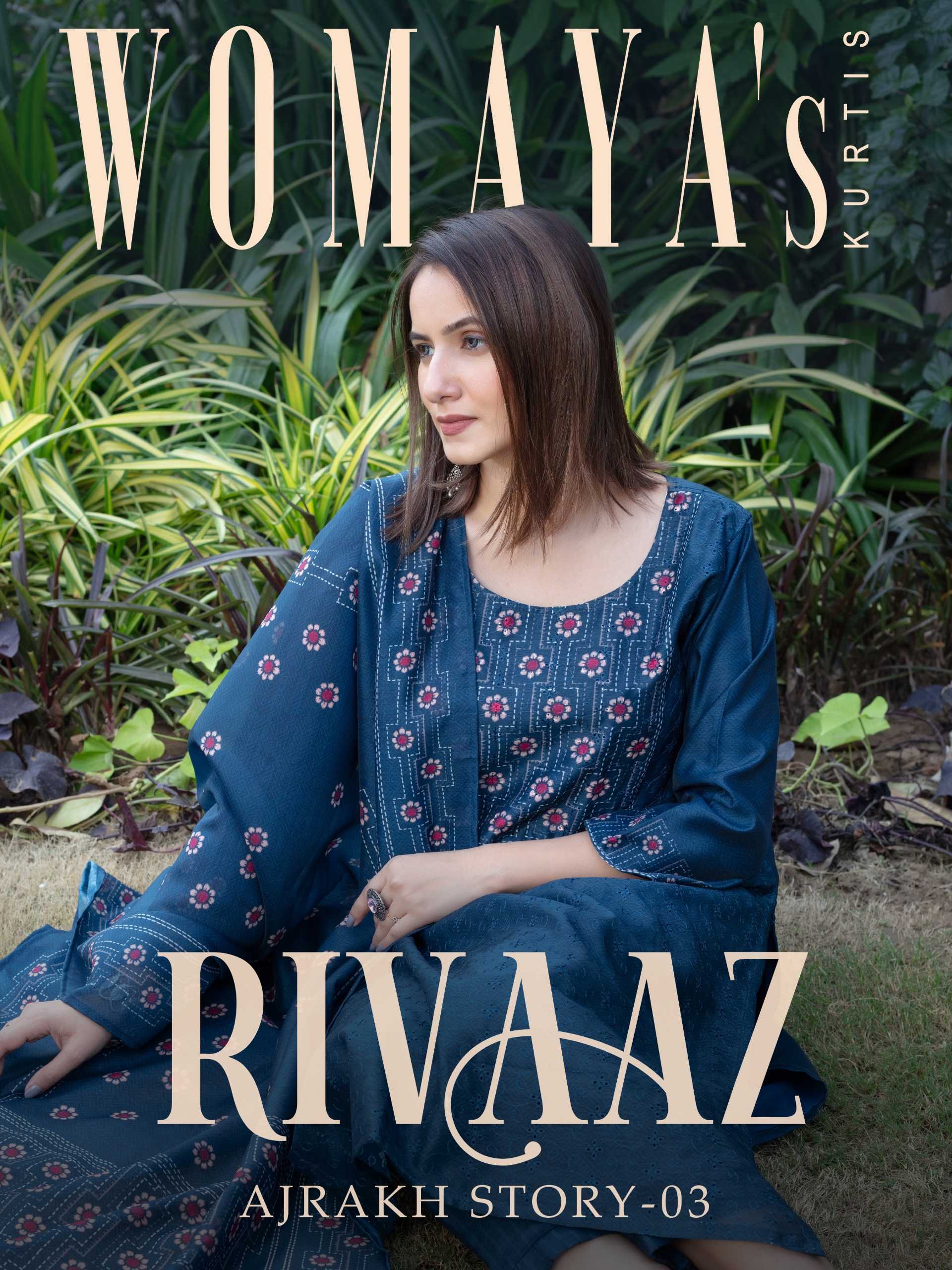 rivaaz ajrakh story vol 3 by womaya readymade modal digital print chikan work salwar suit 