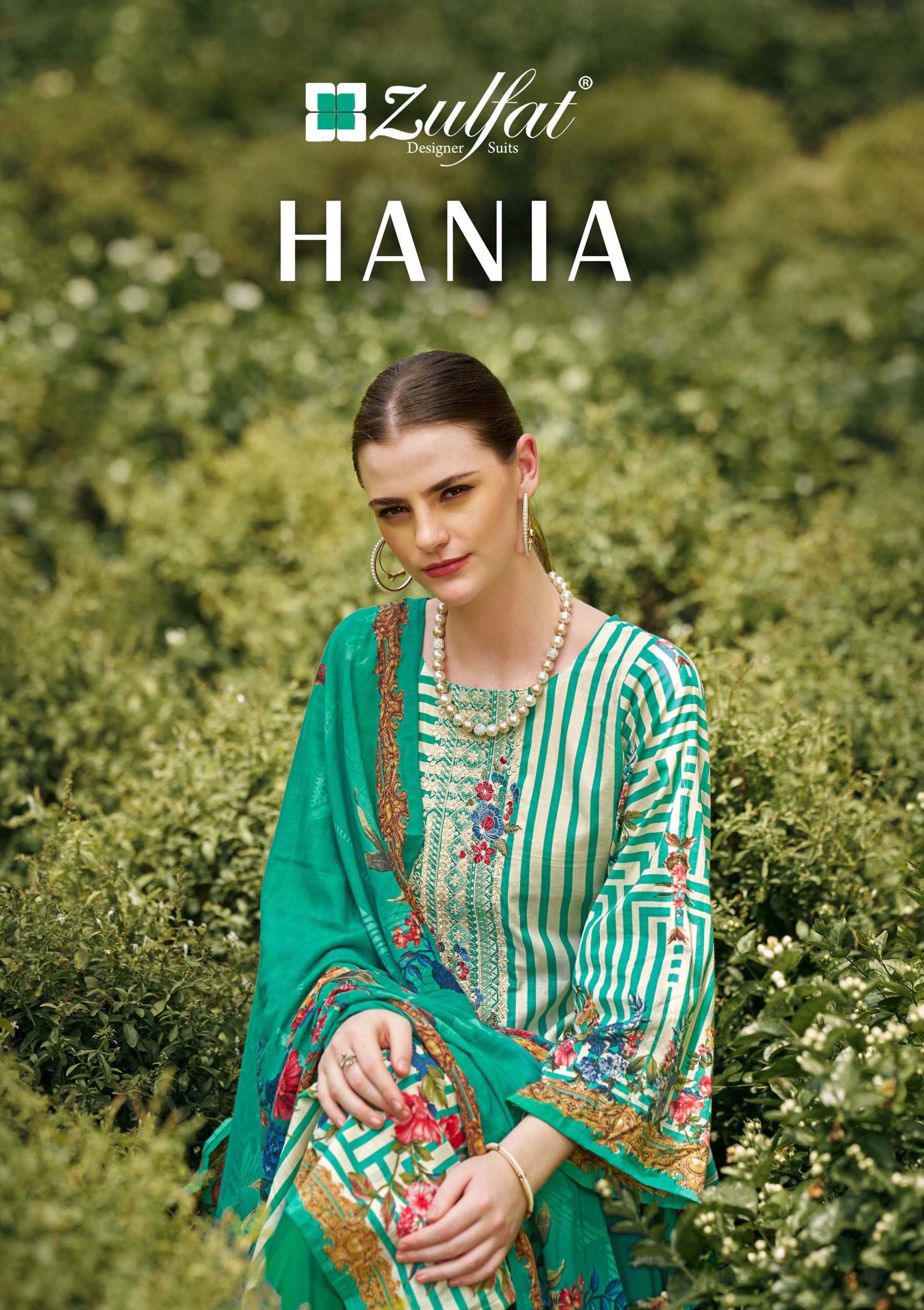 hania by zulfat designer cotton print embroidery work stylish pakistani dress material 