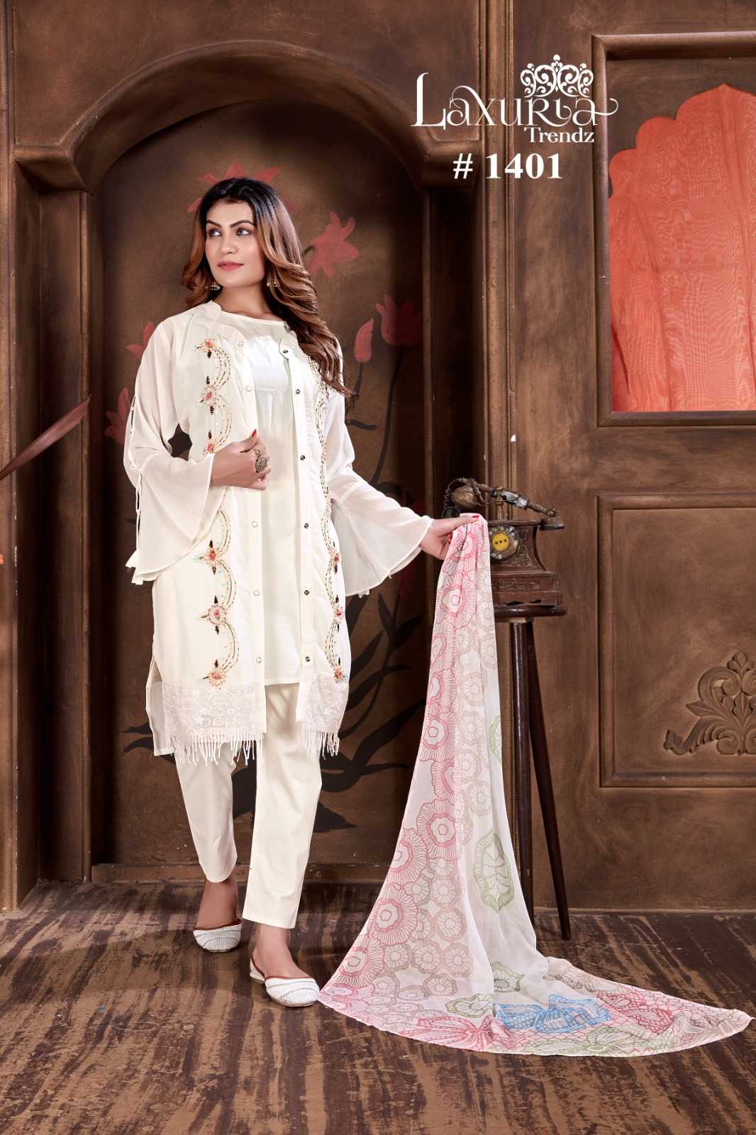 1401 by laxuria trendz georgette new trendy readymade pakistani suit 