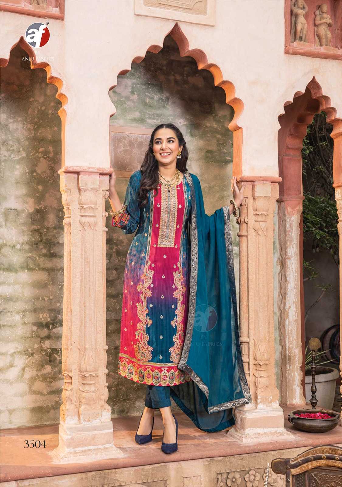 anju fab 3504 jacquard print designer silk combo fullstitch 3pcs suits