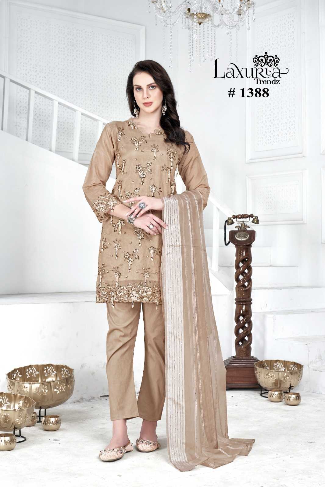 1388 by laxuria trendz organza traditional full stitch modern pakistani suit  