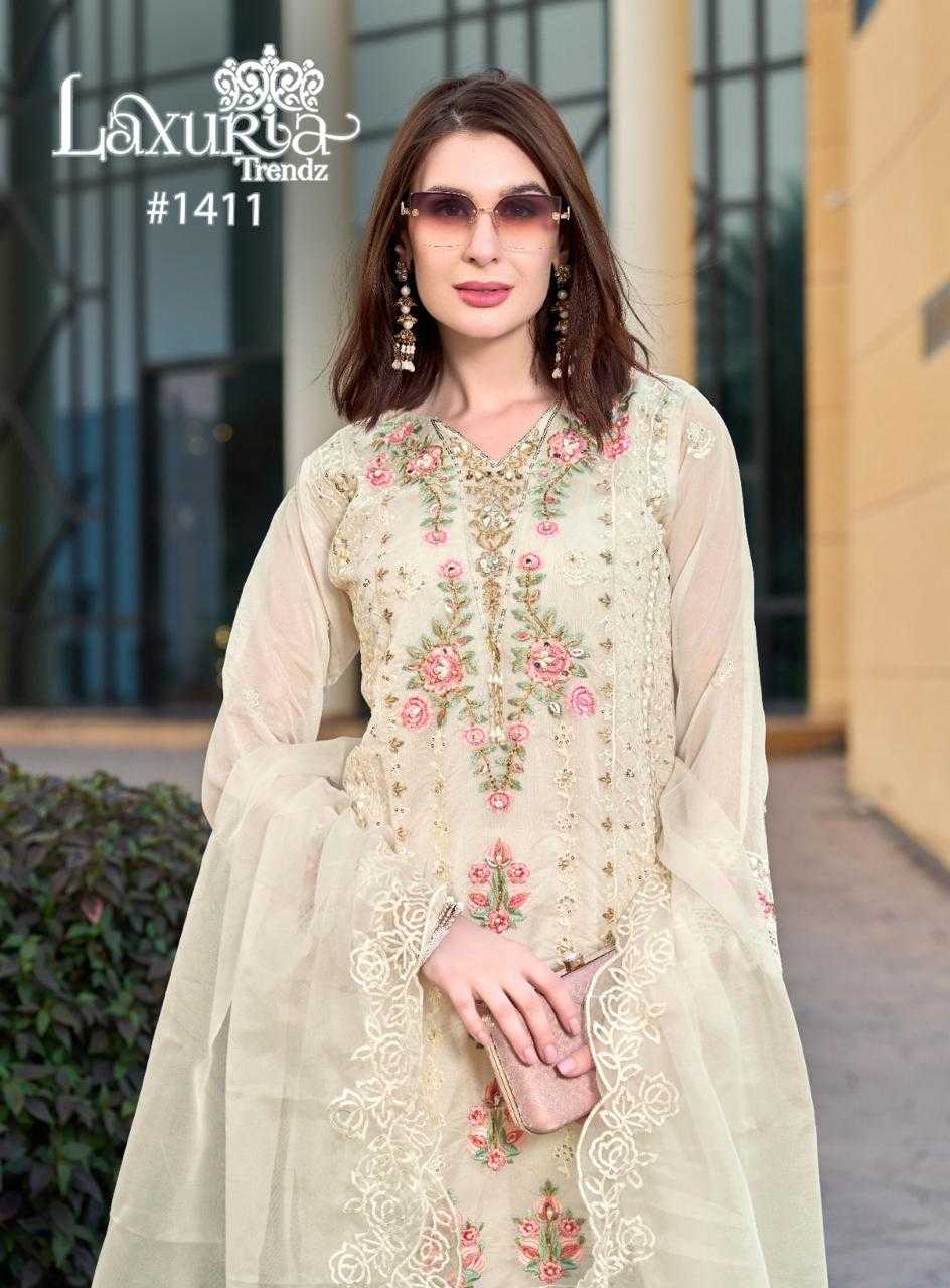 1411 by laxuria trendz hit design organza classic full stitch pakistani suit 