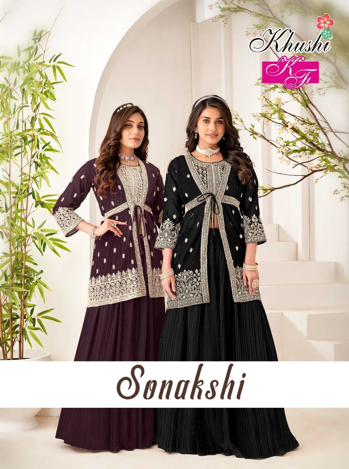 khushi fashion sonakshi designer georgette fully stitch shrug set with skirt 