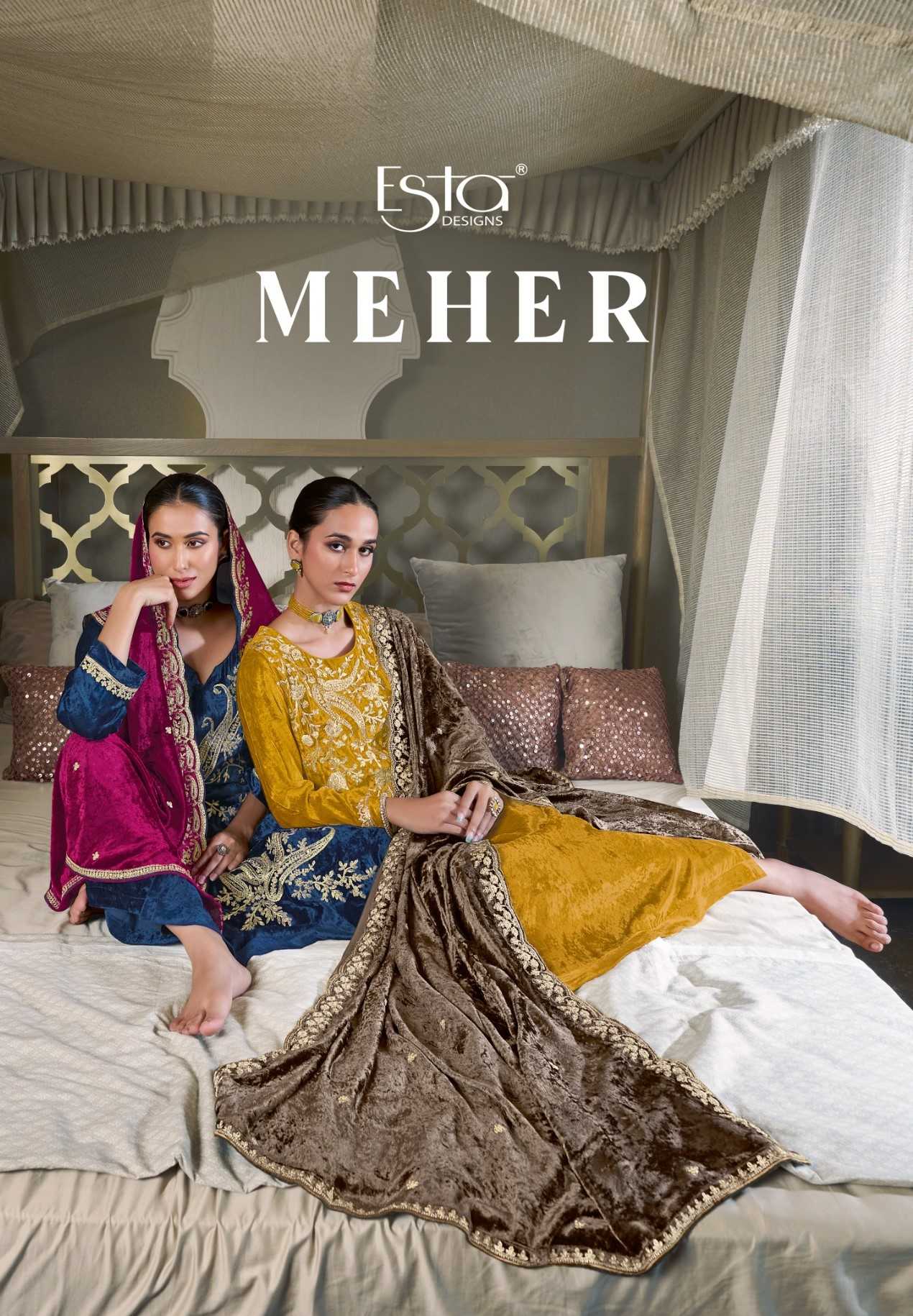 meher by esta designs classic look silk velvet winter unstitch kurti pant dupatta 