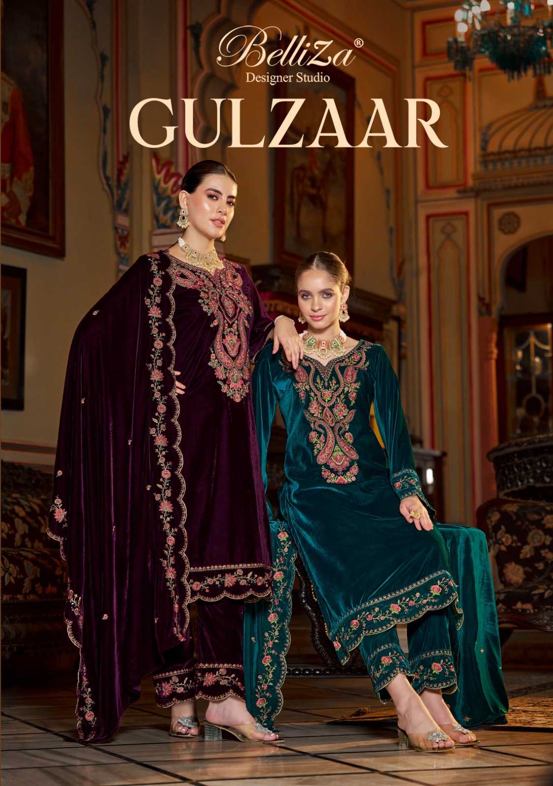 belliza designer gulzaar stylish winter velvet 3pcs dress