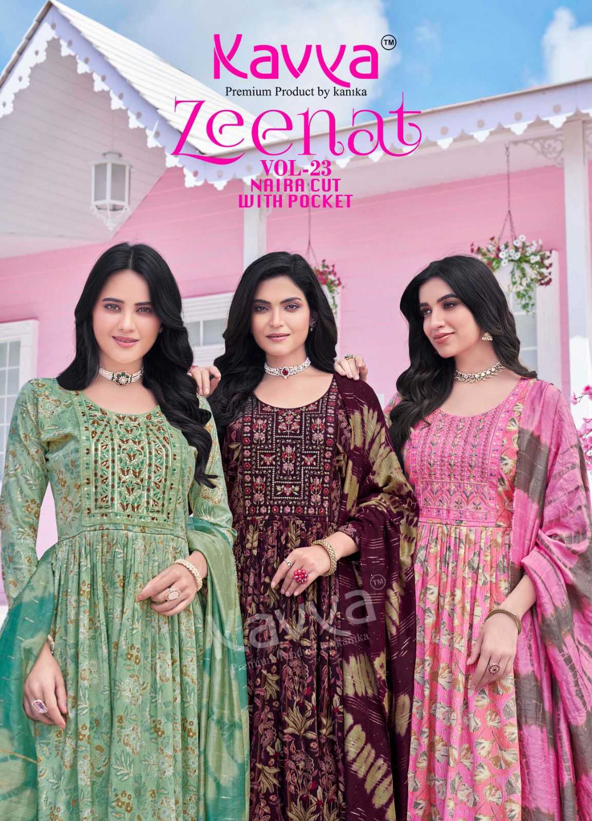 zeenat vol 23 by kavya capsule foil print fullstitch nayra cut ladies suits