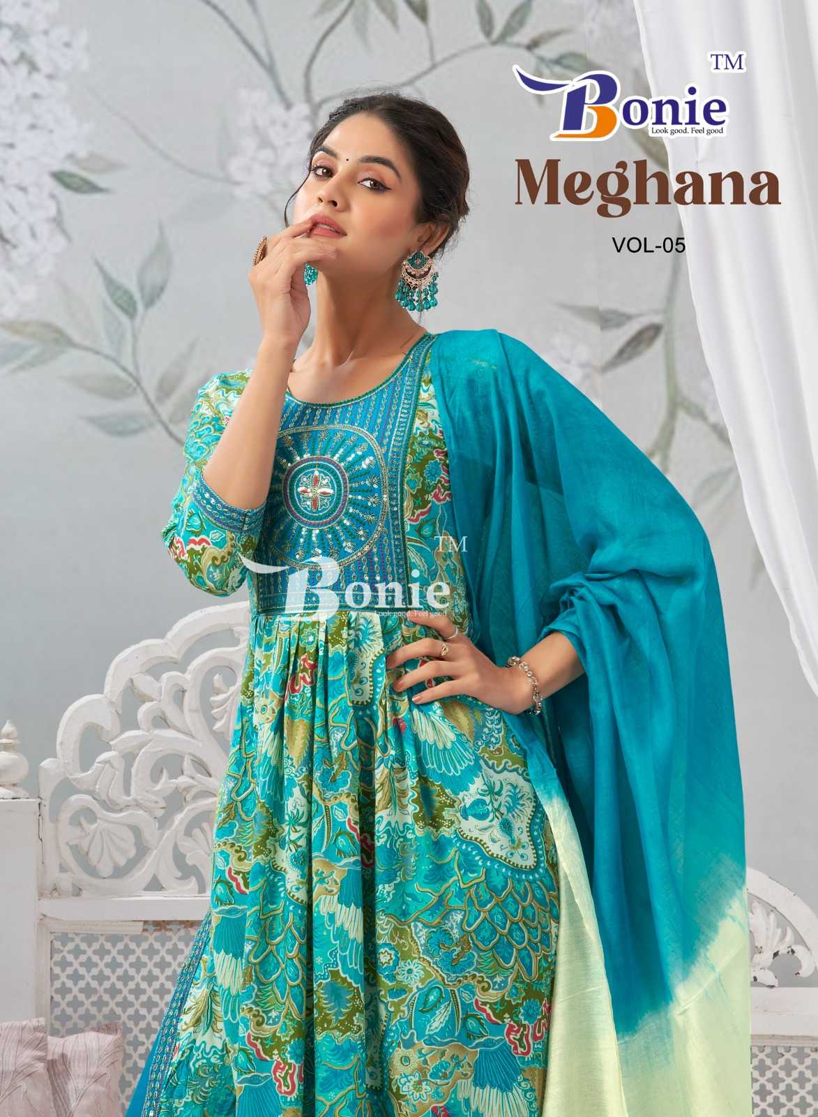 bonie meghana vol 5 rayon amazing print full stitch nayra cut 3pcs dress