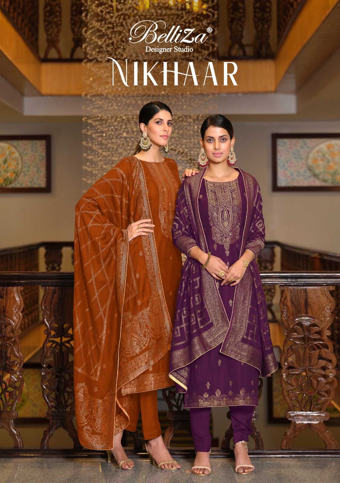 belliza designer nikhaar swarovski work viscose suits