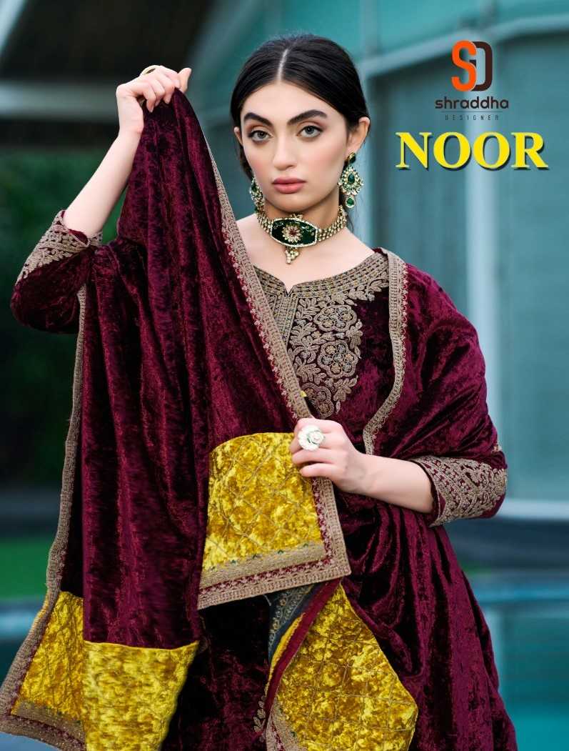 shraddha designer noor fancy work velvet winter collection suits