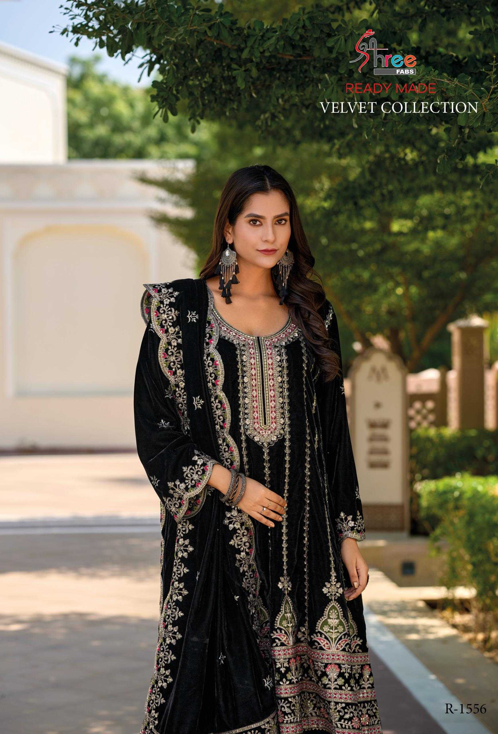 r 1556 by shree fabs fullstitch plazzo style velvet designer 3pcs dress