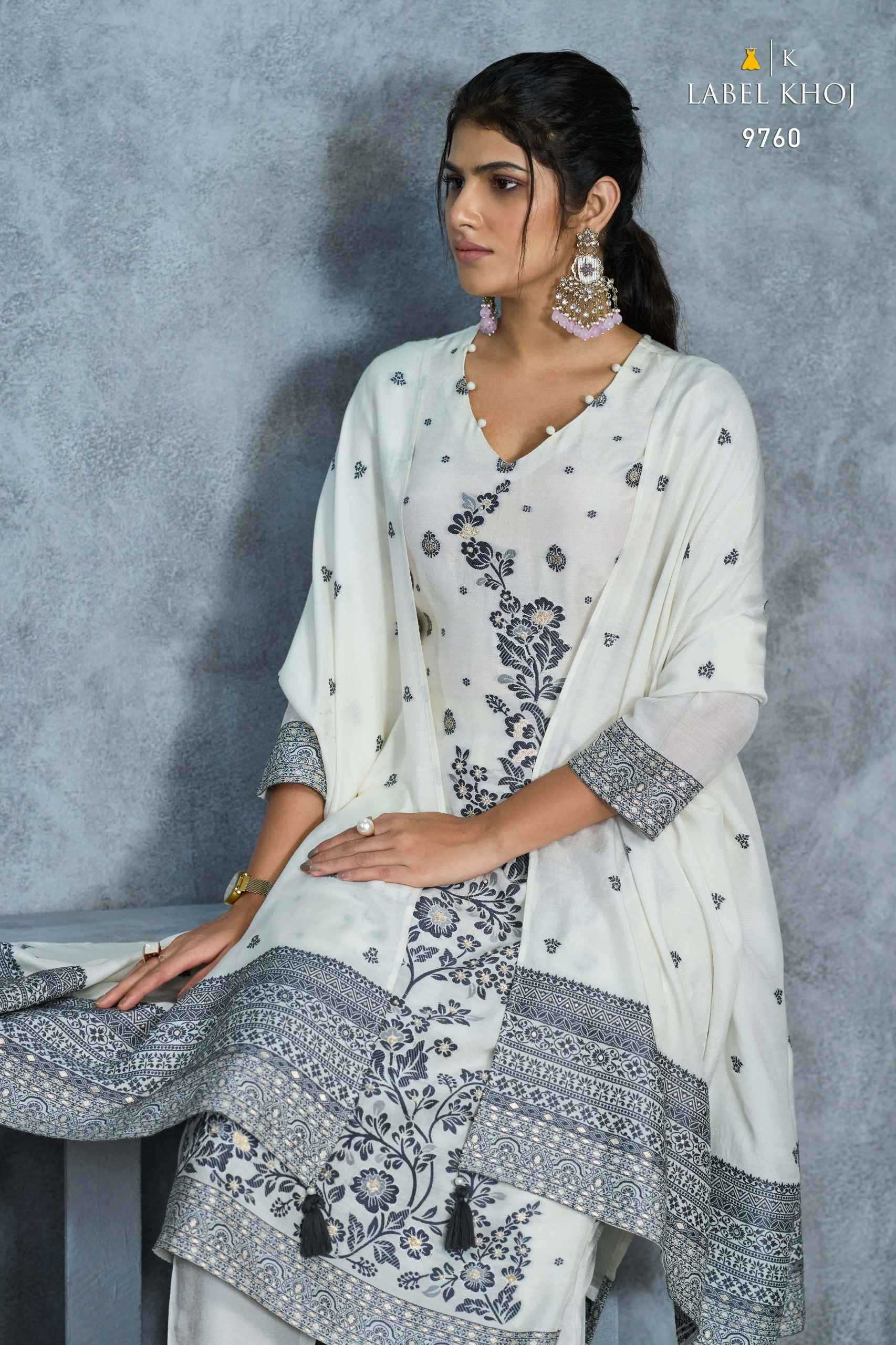 label khoj ivory 9760-9761 beautiful muslin jacquard fullstitch trendy suits