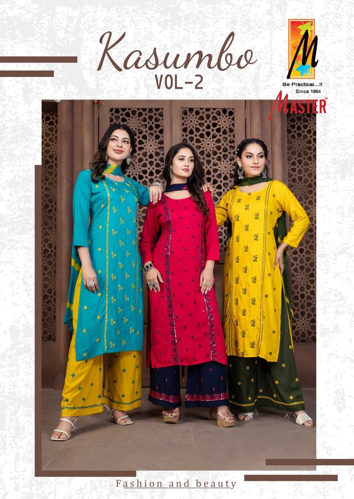 kasumbo vol 2 by master readymade rayon fancy big size kurti plazzo with dupatta 