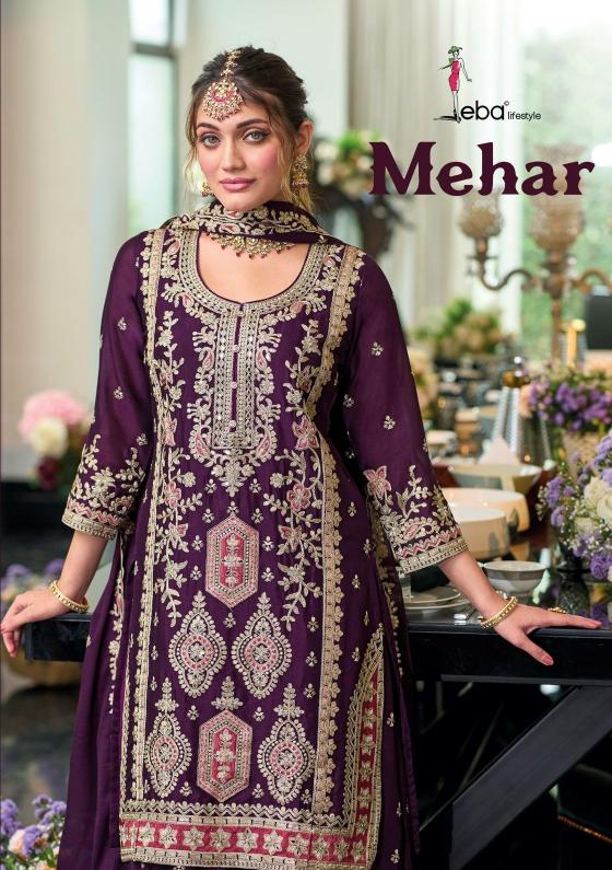 eba lifestyle mehar fullstitch party wear chinon plazzo style 3pcs dress