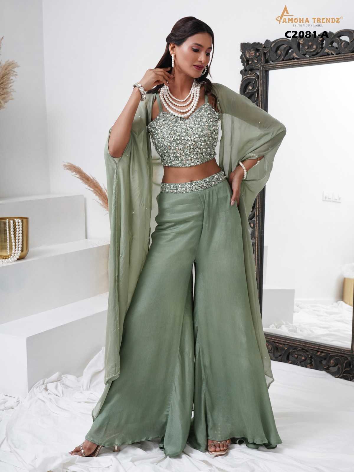 pr c2081 fullstitch attractive embroidery chinon crop top with plazzo & shrug 