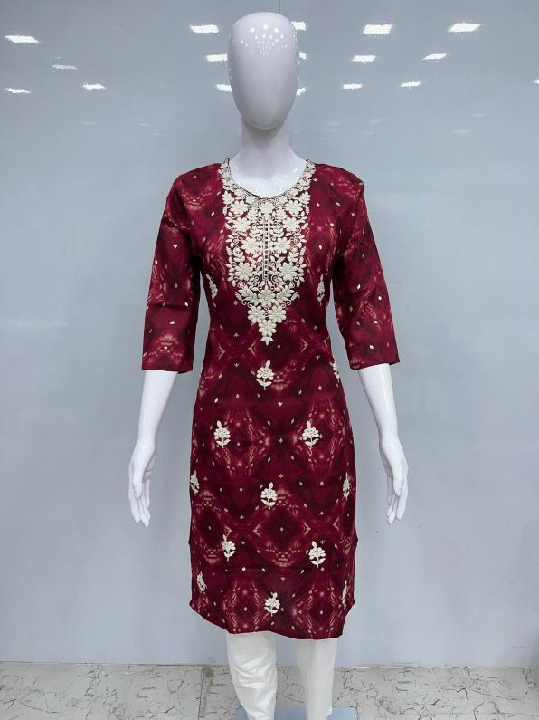 pr rayon print chikankari fully stitch combo set casual long kurti 