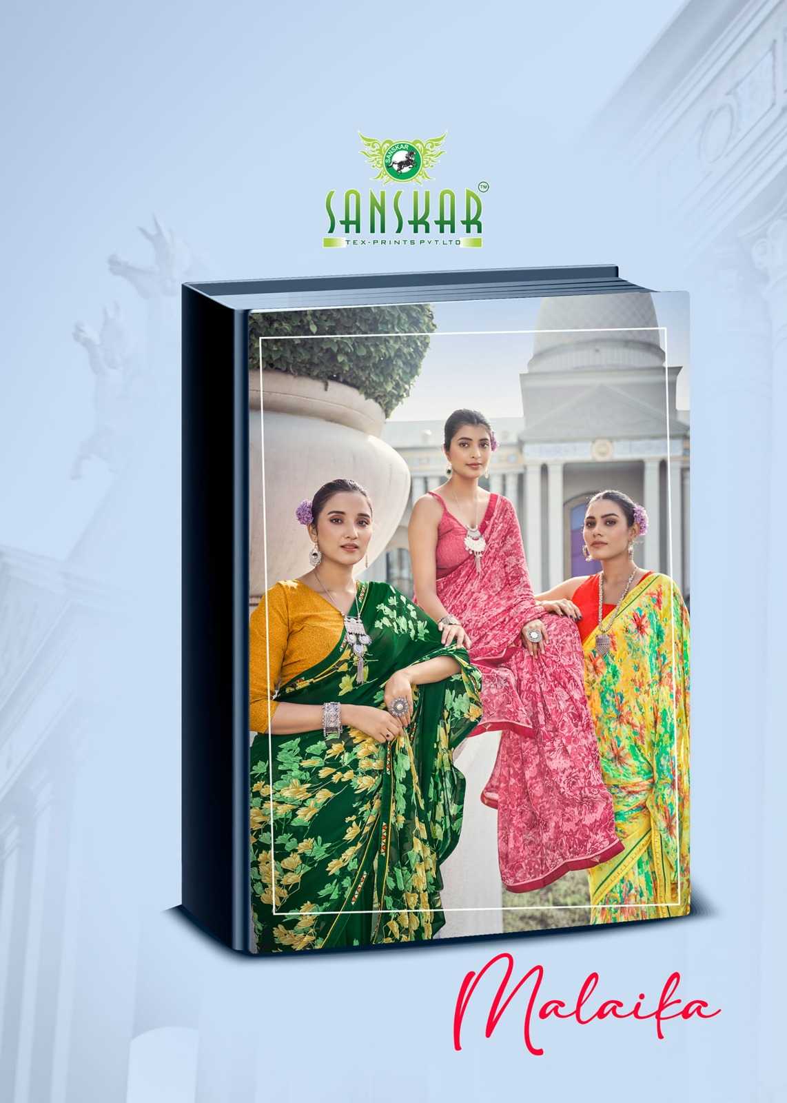 malaika by sanskar tex prints unique embroidery georgette saree 