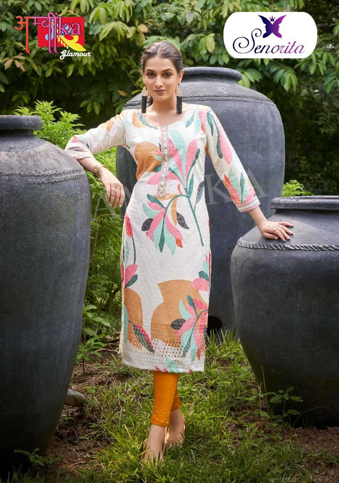 ambika kurtis senorita fullstitch unique cotton print straight cut kurti combo set