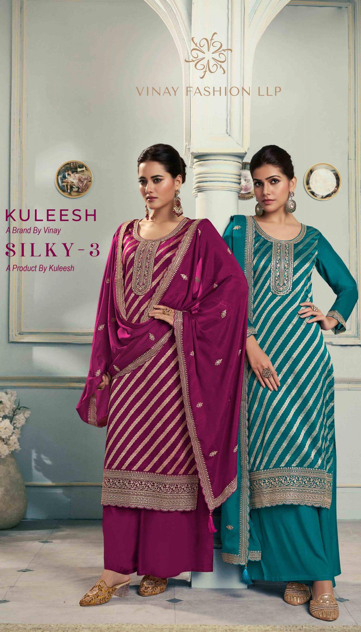 vinay kuleesh silky vol 3 embroidery silk jacquard suits online