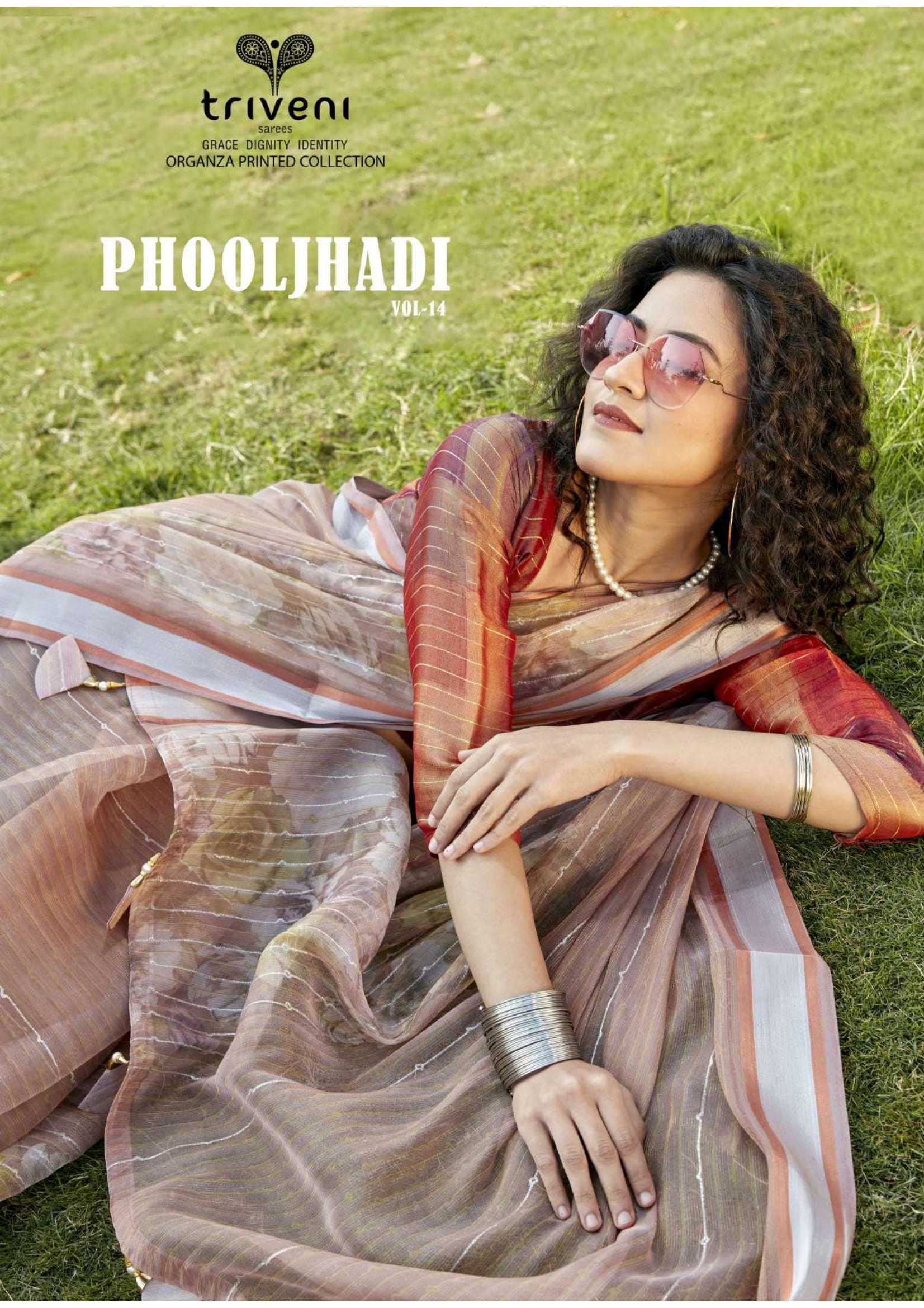 phooljhadi vol 14 by triveni unique style print organza saree