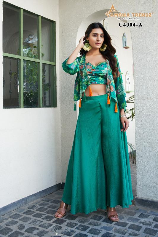 amoha c4004 green floral printed shrug with chinon green crop top 