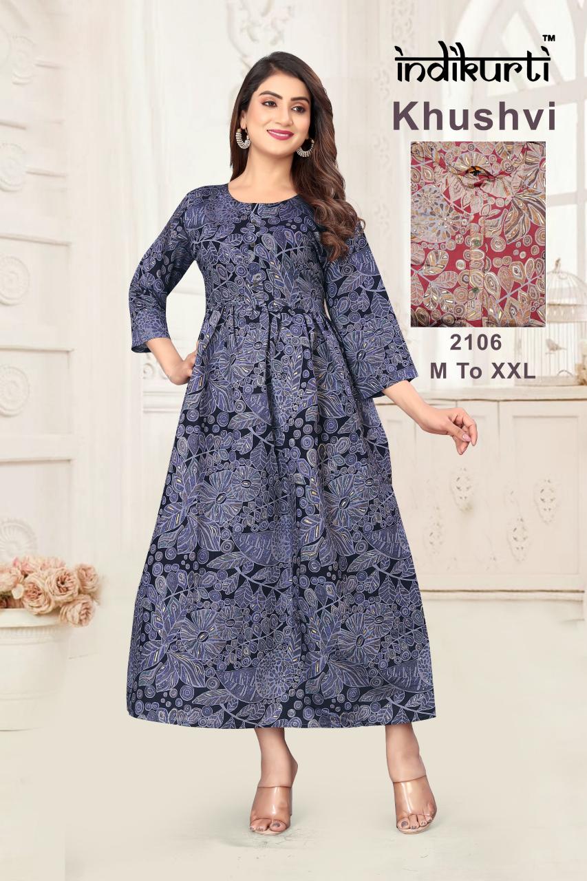 khushvi by indikurti full stitch ghera foil print pv modal ladies long dress