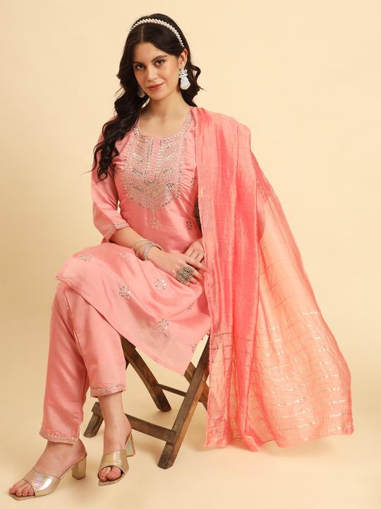 pr high star beautiful colour fullstitch embroidery silk blend 3pcs dress