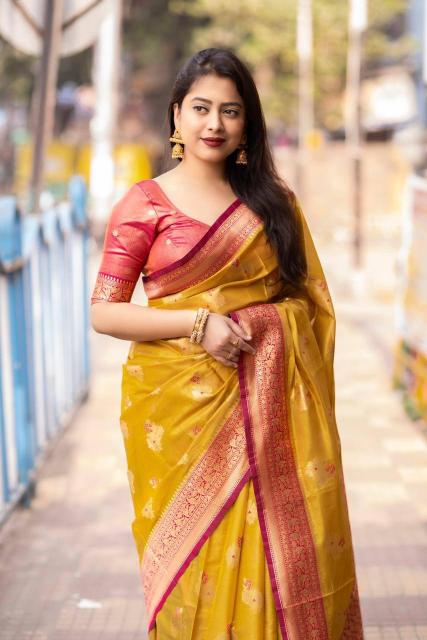 pr kc 27 mehendi gold woven design tissue organza trendy saree