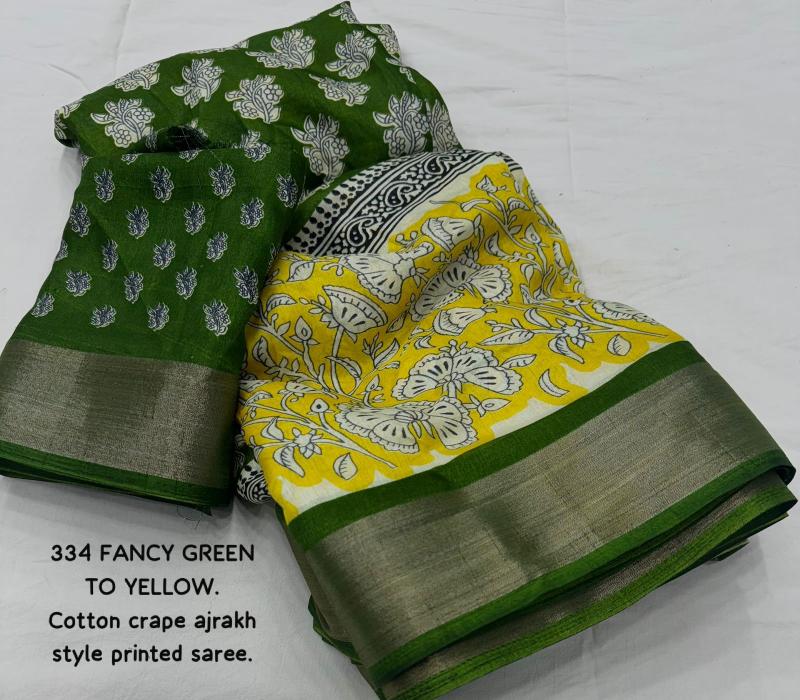 pr kc 334 soft cotton crape ajrakh green to yellow fancy saree export 