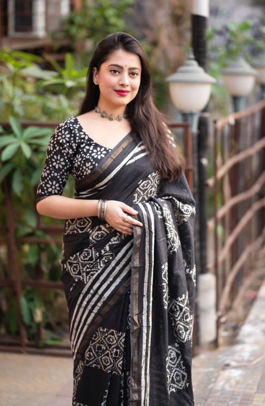 pr kc black batik stylish print cotton comfortable saree 