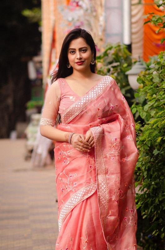 pr kc rashmi unique style thread work organza saree 