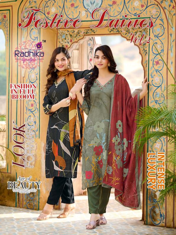 festive dairies vol 2 by radhika lifestyle muslin print readymade 3pcs suits