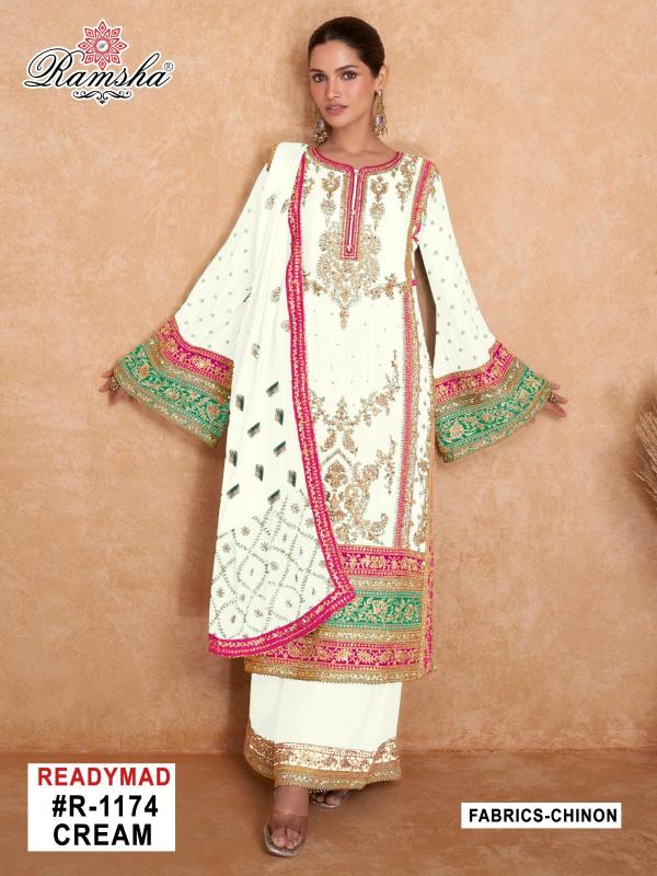 r 1174 nx cream by ramsha pakistani embroidery chinon readymade suits