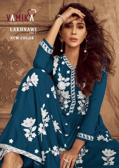 lakhnavi vol 4 by vamika fullstitch heavy rayon plazzo style ladies suits