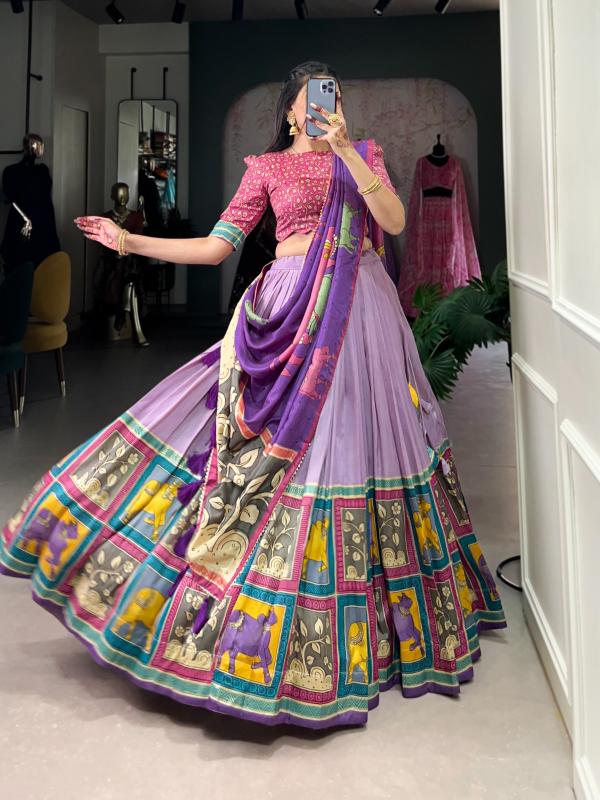 pr vaishnavi lnb1235 tussar silk kalamkari foil work stitch lehenga unstitch choli festive look 