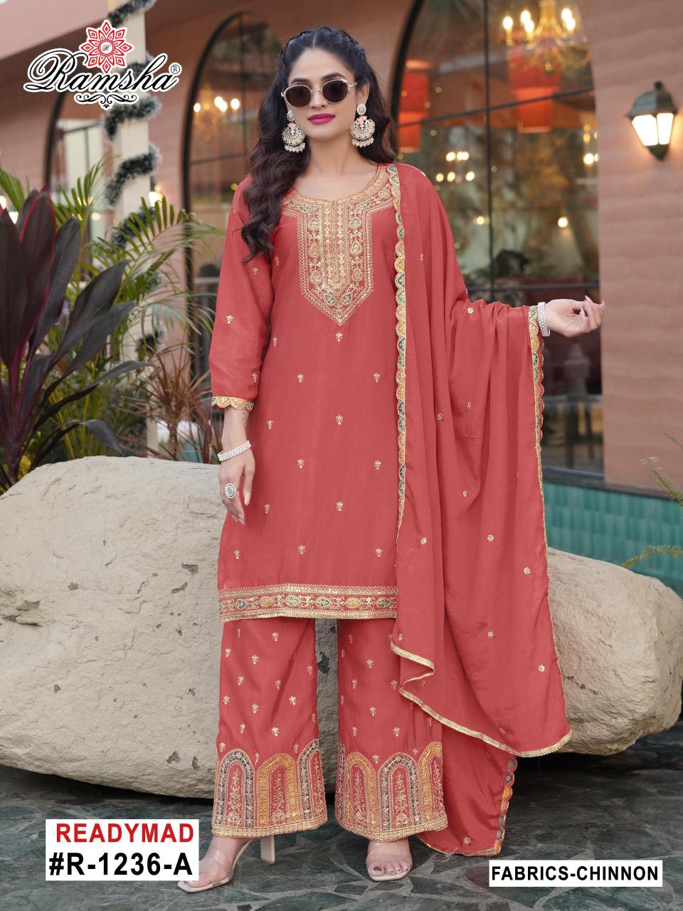 r 1236 nx by ramsha chinon designer full stitch plazzo 3pcs dress