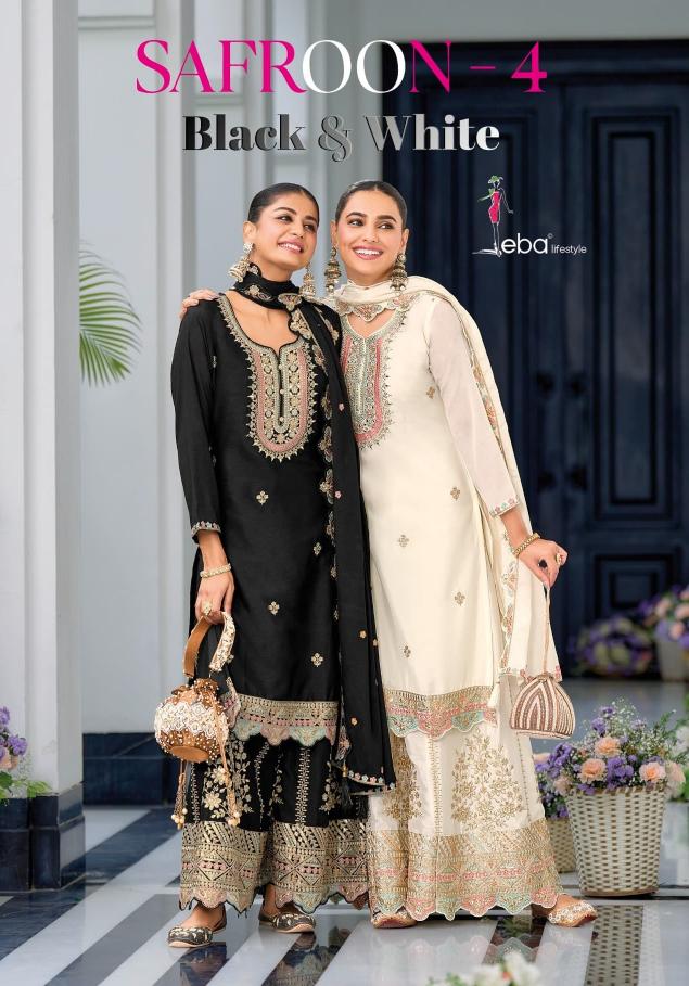 eba lifestyle safroon vol 4 black & white readymade chinon designer plazzo 3pcs dress 