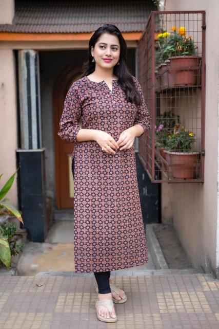 pr kc 408 cotton ajrakh style printed daily wear long kurti 