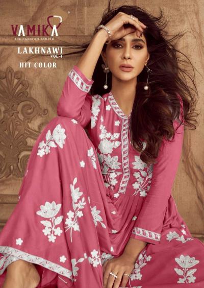 vamika lakhnawi vol 4 hit color rayon party wear full stitch plazzo style dress