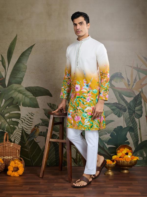 yellow color by shubhvastra attractive look full stitch mens kurta 