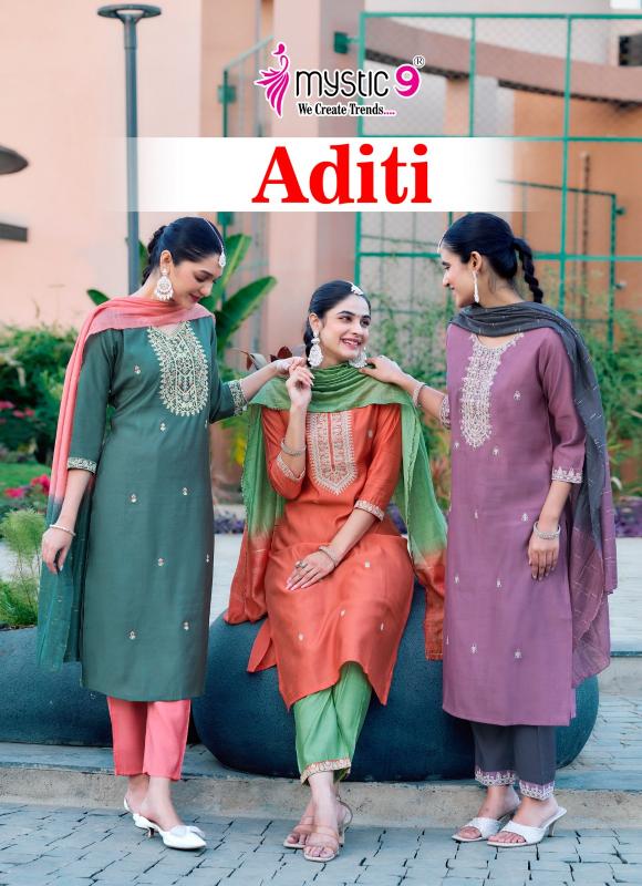 mystic9 aditi vol 1 pretty look roman silk fully stitch suit for womens 