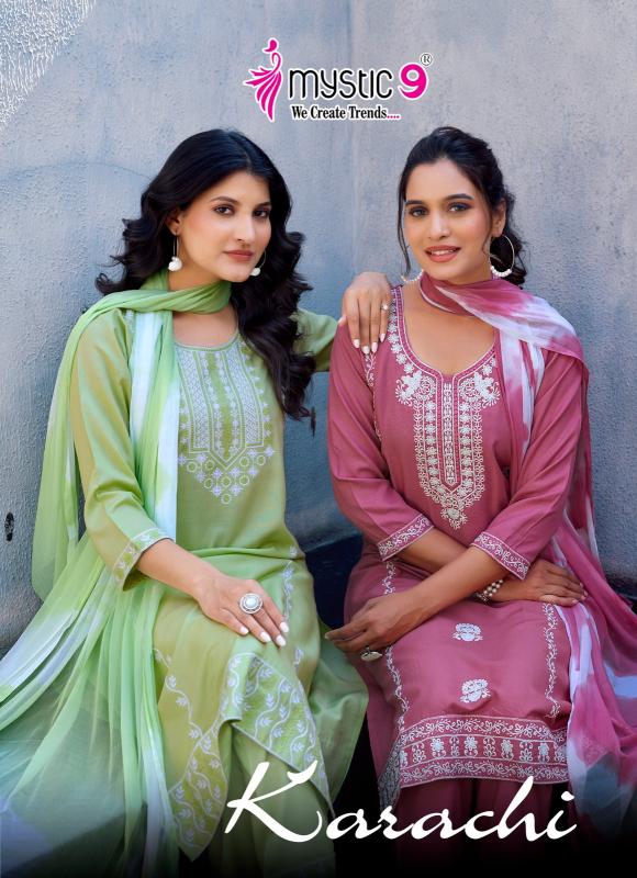 mystic9 karachi vol 5 rayon fully stitch colour addition 3pcs dress