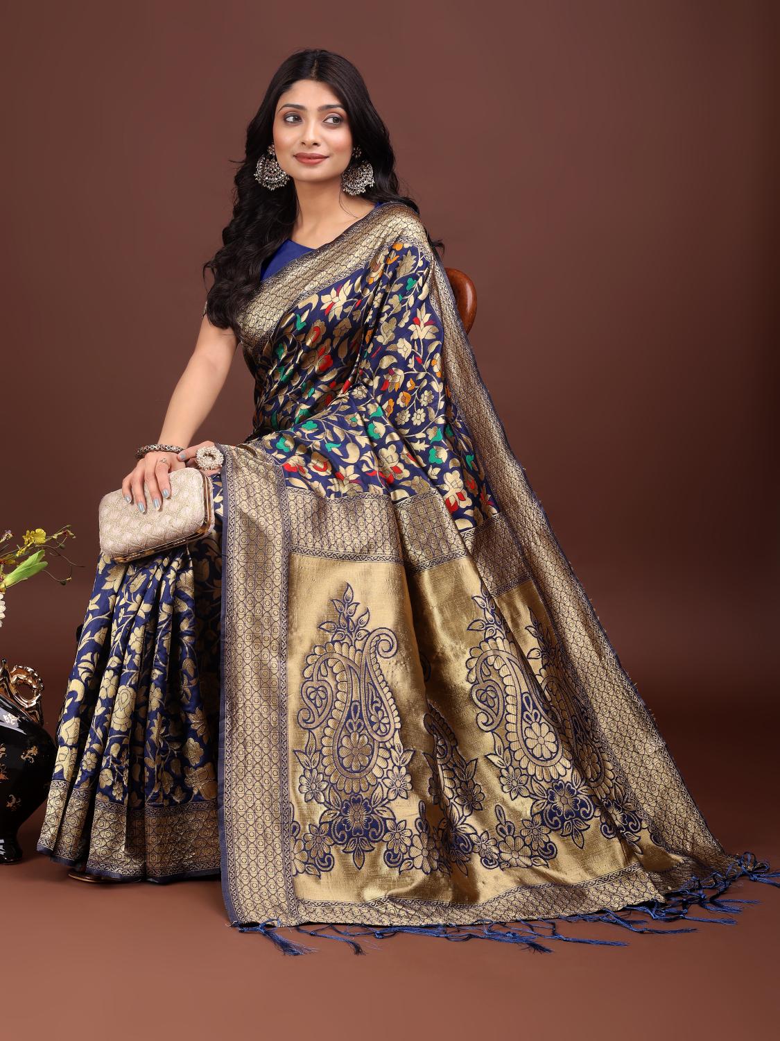 ASTITA KASHMIRI FANCY DESIGNER LICHI SILK FABRIC SAREE WHOLSALE WITH FANCY LATKAN