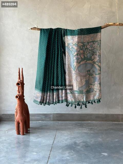 kc 306 linen ajrakh print pallu and bandhani print fashionable saree online  