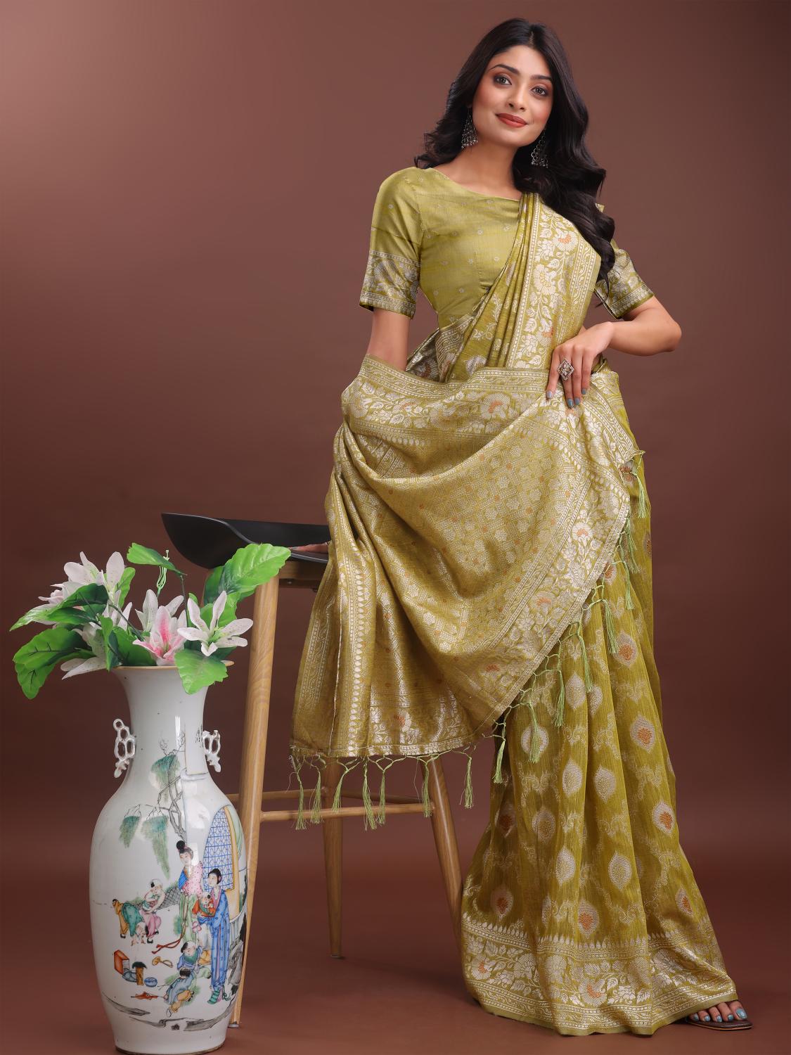 ASTITA ZARISTA FANCY DESIGNER LINEN COTTON FABRIC SAREE WHOLSALE WITH LATKAN
