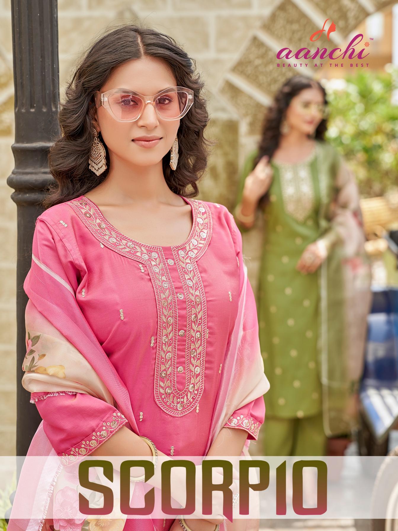 scorpio by aanchi designer roman shimmer fully stitch suit for ladies 