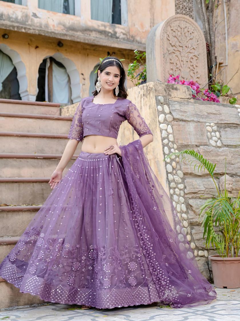 SKU VOL 1 BY AAWIYA LAVENDER SEMI STITCH LEHENGA UNSTITCH CHOLI EXPORTS 
