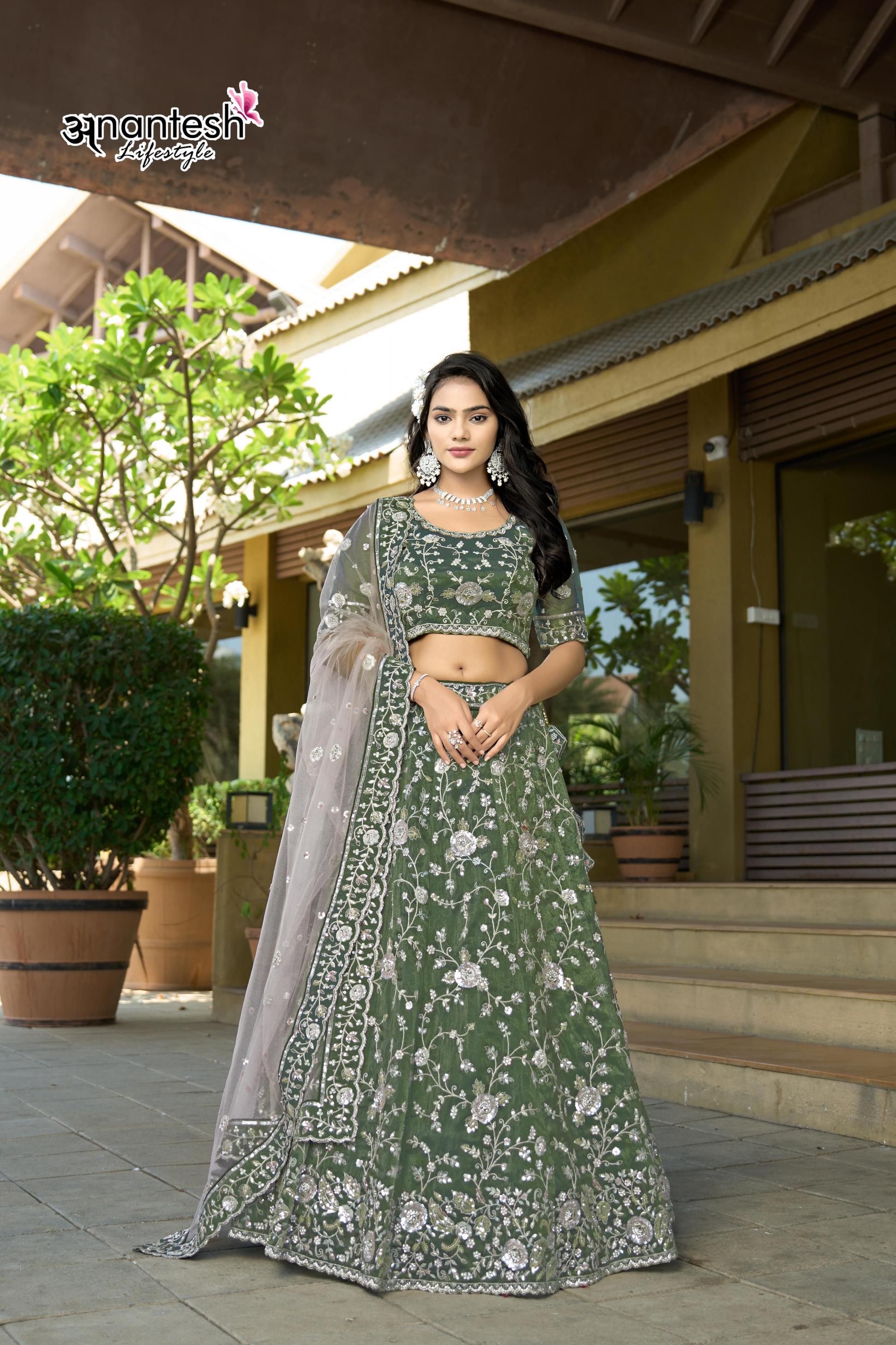 5044 BY ANANTESH LIFESTYLE COSMOS TISSUE SEMI STITCH LEHENGAS ONLINE 	