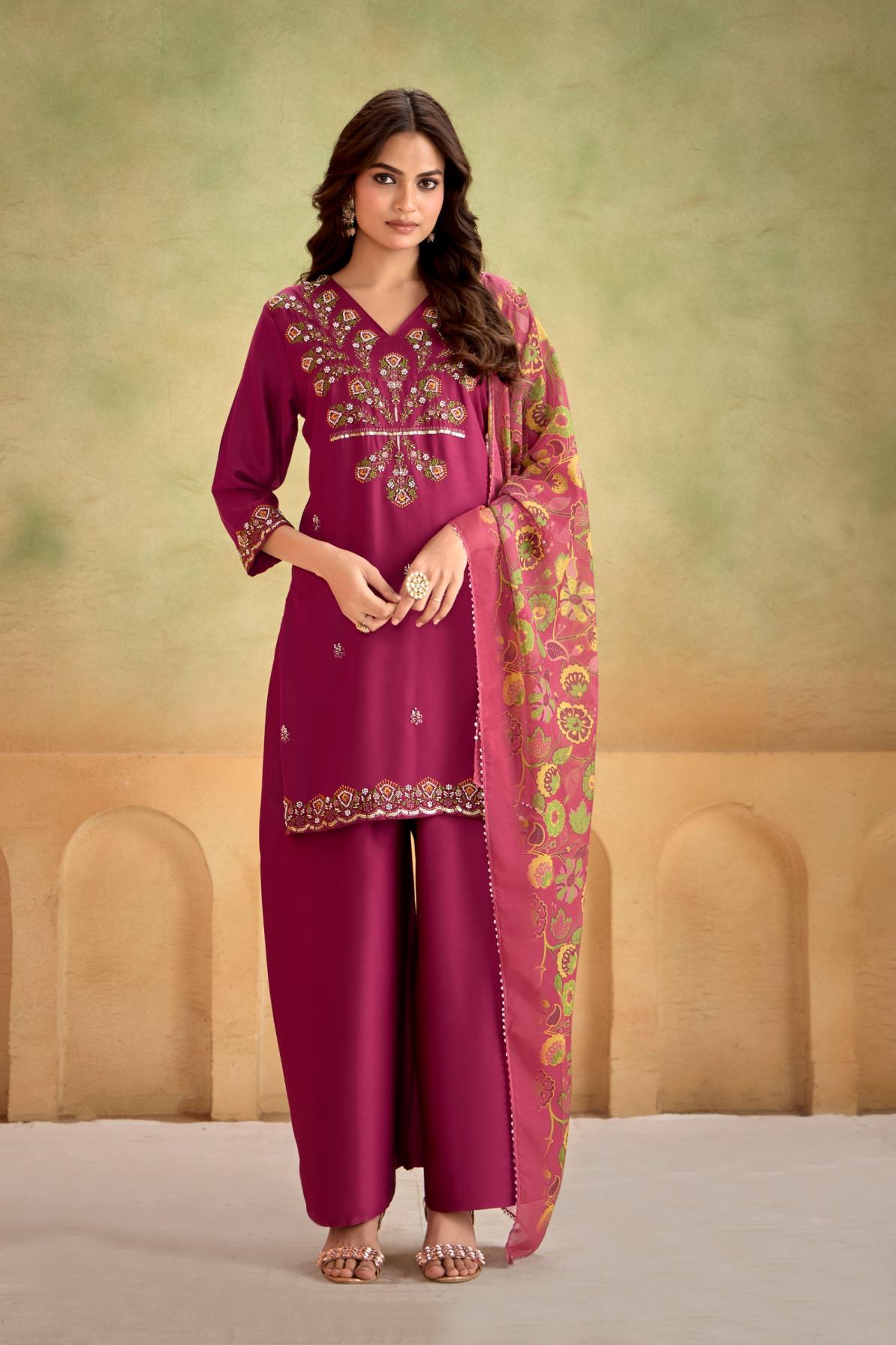 ARTRIDHS GAJI SILKS DESIGNER FULL STITCH COMBO PLAZZO 3PCS DRESS 